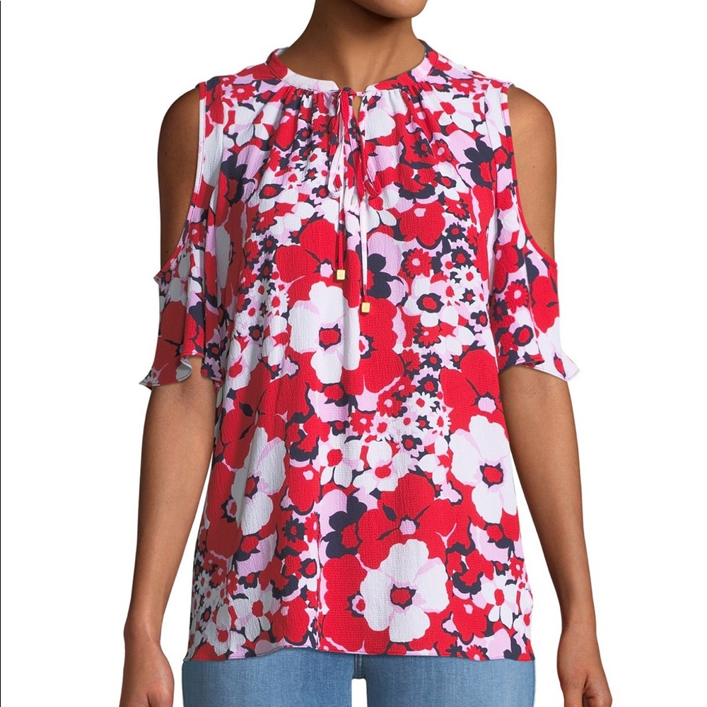 Michael Kors Cold-Shoulder Floral Tie-Neck Blouse